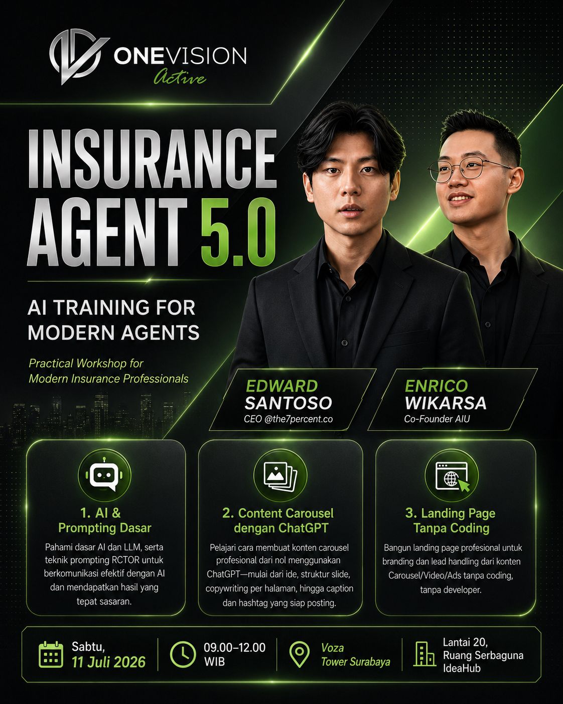 Insurance Agent 5.0 event flyer featuring speakers Edward Santoso and Enrico Wikarsa